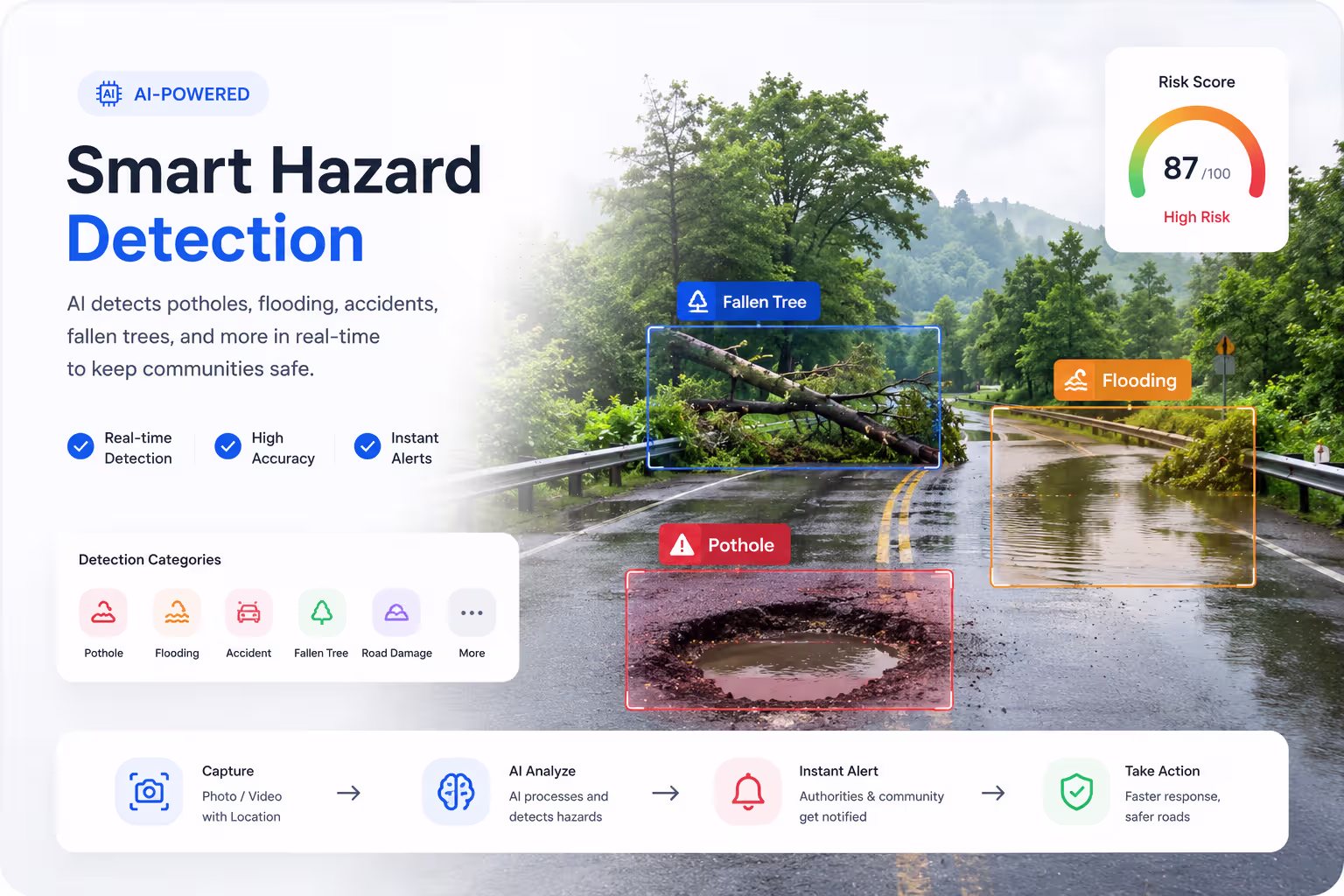 AI computer vision detecting a pothole and flooding on a road
